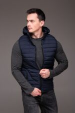 Мужская Базовая Стеганая Темно-Синяя Жилетка Безрукавка с Капюшоном