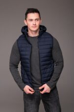 Мужская Базовая Стеганая Темно-Синяя Жилетка Безрукавка с Капюшоном