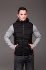 Мужская Базовая Стеганая Черная Жилетка Безрукавка с Капюшоном