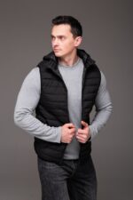 Мужская Базовая Стеганая Черная Жилетка Безрукавка с Капюшоном