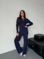 Женский Базовый Темно-Синий Костюм Двойка - Приталенная Кофта на Кнопках + Свободные Штаны