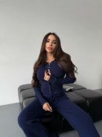 Женский Базовый Темно-Синий Костюм Двойка - Приталенная Кофта на Кнопках + Свободные Штаны