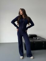 Женский Базовый Темно-Синий Костюм Двойка - Приталенная Кофта на Кнопках + Свободные Штаны