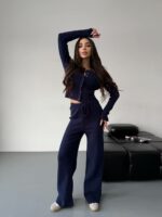 Женский Базовый Темно-Синий Костюм Двойка - Приталенная Кофта на Кнопках + Свободные Штаны