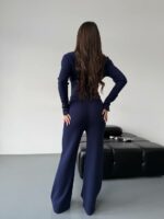 Женский Базовый Темно-Синий Костюм Двойка - Приталенная Кофта на Кнопках + Свободные Штаны