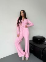 Женский Базовый Розовый Костюм Двойка - Приталенная Кофта на Кнопках + Свободные Штаны