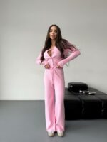 Женский Базовый Розовый Костюм Двойка - Приталенная Кофта на Кнопках + Свободные Штаны