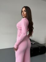 Женский Базовый Розовый Костюм Двойка - Приталенная Кофта на Кнопках + Свободные Штаны