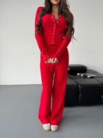Женский Базовый Красный Костюм Двойка - Приталенная Кофта на Кнопках + Свободные Штаны