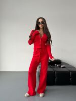 Женский Базовый Красный Костюм Двойка - Приталенная Кофта на Кнопках + Свободные Штаны