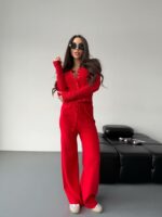 Женский Базовый Красный Костюм Двойка - Приталенная Кофта на Кнопках + Свободные Штаны