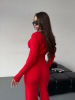 Женский Базовый Красный Костюм Двойка - Приталенная Кофта на Кнопках + Свободные Штаны