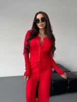 Женский Базовый Красный Костюм Двойка - Приталенная Кофта на Кнопках + Свободные Штаны