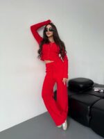 Женский Базовый Красный Костюм Двойка - Приталенная Кофта на Кнопках + Свободные Штаны