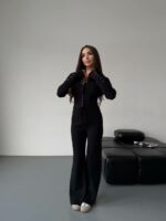 Женский Базовый Черный Костюм Двойка - Приталенная Кофта на Кнопках + Свободные Штаны