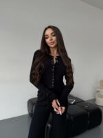 Женский Базовый Черный Костюм Двойка - Приталенная Кофта на Кнопках + Свободные Штаны