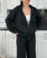 Женский Базовый Графитовый Костюм Свободного Кроя с Капюшоном на Молнии (Кофта + Штаны)