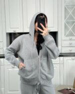 Женский Базовый Серый Костюм Свободного Кроя с Капюшоном на Молнии (Кофта + Штаны)