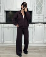 Женский Базовый Коричневый Костюм Свободного Кроя с Капюшоном на Молнии (Кофта + Штаны)