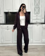 Женский Базовый Коричневый Костюм Свободного Кроя с Капюшоном на Молнии (Кофта + Штаны)