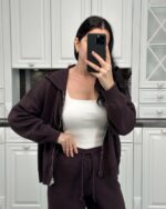 Женский Базовый Коричневый Костюм Свободного Кроя с Капюшоном на Молнии (Кофта + Штаны)