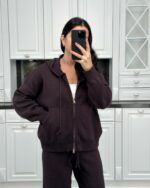 Женский Базовый Коричневый Костюм Свободного Кроя с Капюшоном на Молнии (Кофта + Штаны)