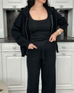 Женский Базовый Черный Костюм Свободного Кроя с Капюшоном на Молнии (Кофта + Штаны)