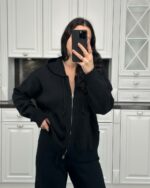 Женский Базовый Черный Костюм Свободного Кроя с Капюшоном на Молнии (Кофта + Штаны)