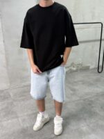 Мужская Базовая Черная Футболка Хлопок - Объемная Оверсайз с Необработанными Краями