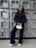 Женский Базовый Темно-Синий Костюм из Фактурной Ткани - Асимметричная Кофта + Свободные Штаны