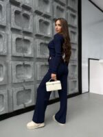 Женский Базовый Темно-Синий Костюм из Фактурной Ткани - Асимметричная Кофта + Свободные Штаны