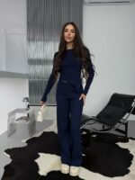 Женский Базовый Темно-Синий Костюм из Фактурной Ткани - Асимметричная Кофта + Свободные Штаны