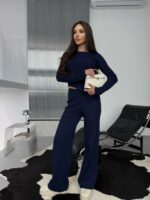 Женский Базовый Темно-Синий Костюм из Фактурной Ткани - Асимметричная Кофта + Свободные Штаны