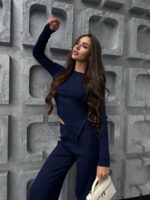 Женский Базовый Темно-Синий Костюм из Фактурной Ткани - Асимметричная Кофта + Свободные Штаны