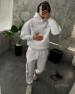 Мужской Базовый Белый Спортивный Костюм Худи Штаны на Флисе с Надписями