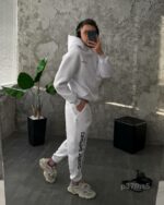 Мужской Базовый Белый Спортивный Костюм Худи Штаны на Флисе с Надписями