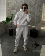 Мужской Базовый Белый Спортивный Костюм Худи Штаны на Флисе с Надписями