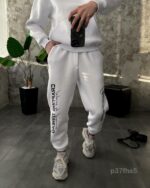 Мужской Базовый Белый Спортивный Костюм Худи Штаны на Флисе с Надписями