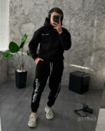 Мужской Базовый Черный Спортивный Костюм Худи Штаны на Флисе с Надписями