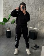 Мужской Базовый Черный Спортивный Костюм Худи Штаны на Флисе с Надписями