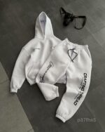 Мужской Базовый Белый Спортивный Костюм Худи Штаны на Флисе с Надписями