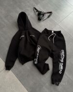 Мужской Базовый Черный Спортивный Костюм Худи Штаны на Флисе с Надписями