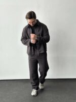 Мужской Свободный Графитовый Костюм - Бомбер на Молнии + Штаны Прямого Кроя
