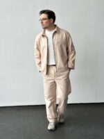 Мужской Свободный Бежевый Костюм - Бомбер на Молнии + Штаны Прямого Кроя