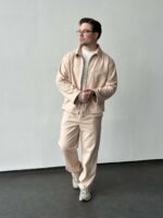 Мужской Свободный Бежевый Костюм - Бомбер на Молнии + Штаны Прямого Кроя