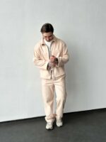 Мужской Свободный Бежевый Костюм - Бомбер на Молнии + Штаны Прямого Кроя