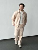 Мужской Свободный Бежевый Костюм - Бомбер на Молнии + Штаны Прямого Кроя