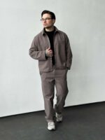 Мужской Свободный Костюм Мокко - Бомбер на Молнии + Штаны Прямого Кроя