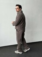 Мужской Свободный Костюм Мокко - Бомбер на Молнии + Штаны Прямого Кроя