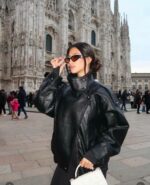 Женская Свободная Черная Кожаная Куртка Бомбер на Молнии